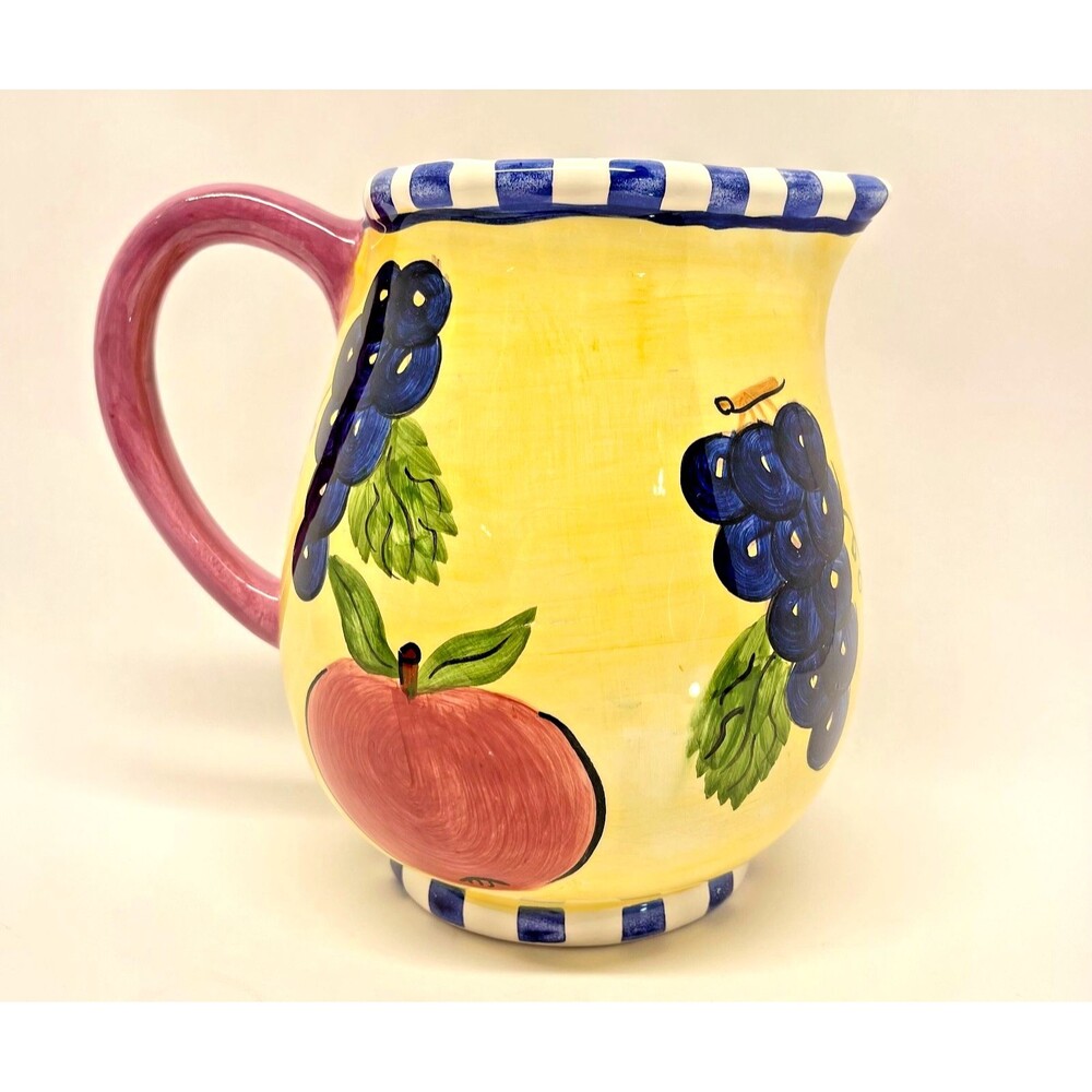 Vintage 1996 Young's Ceramic Fruit Pitcher Grapes Apples Yellow Purple Handle